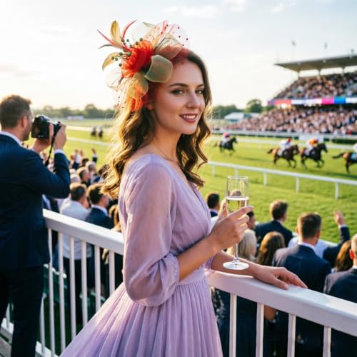 Image of DRESHOW Fascinators Hat Flower Mesh Ribbons Feathers on a Headband and a Clip Tea Party Headwear for Girls and Women