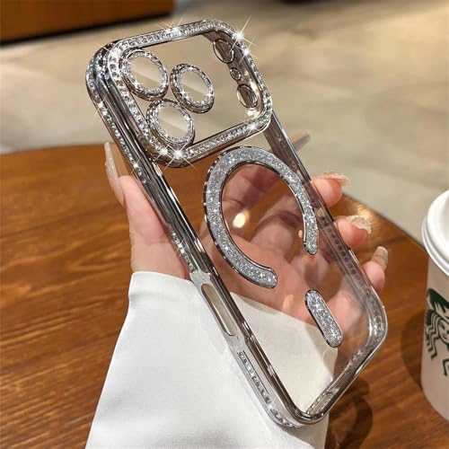 Image of DIZORO Compatible with (iPhone 17 Pro Max Case) Clear Luxury Diamond Glitter Case |Camera Lens Protector with Glitter Ring | Premium Shockproof Glossy Shiny Back Cover Case for Girls Women -Silver