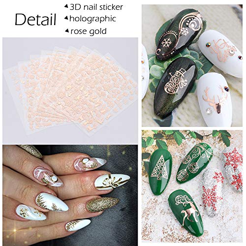 9 Sheets Christmas Nail Art Stickers - 3D Rose Gold Snowflake Nail Decals Snowflake Elk Pattern Self-Adhesive Nail Design Diy Manicure Decorations For Women Girls #TOP4