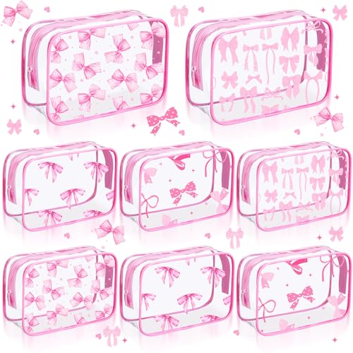 Kacctyen 8 Pcs Coquette Pink Bow Makeup Bags Clear PVC Skincare Cosmetic Bags Waterproof Travel Toiletry Zipper Pouch Coquette Party Favors Gifts for Women Girls Travel Storage Accessories(Bow)