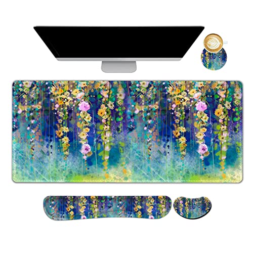 Image of ARTSO Large Gaming Mouse Pad Set, Keyboard Wrist Rest Support + Mouse Wrist Cushion + Extended Mousepad + Coaster, 35x15.5in Multifunctional Desk Mat 4pcs, Oil Painting Flowers