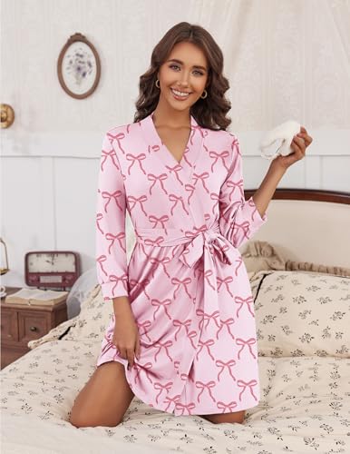 Image of Ekouaer Women's Robes Lightweight 3 /4 Sleeve Short Knit Bathrobe Soft Knee Length Sleepwear Robes with Pockets S-XXL