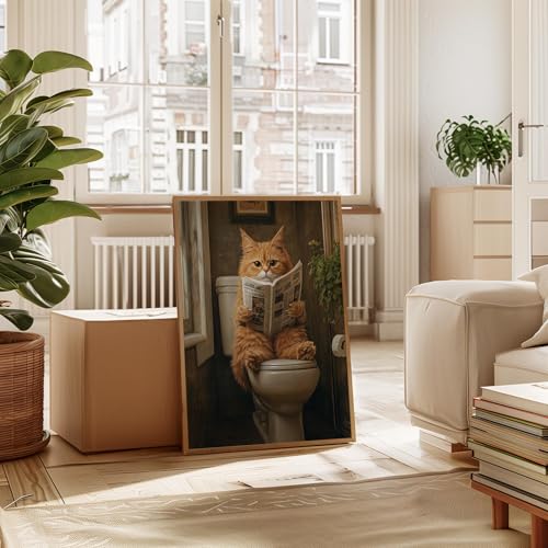 Image of Cat 3 on Toilet Wood Framed Wall Art Print Poster, Dog Bathroom Humor Decor Posters Prints for Restroom Home Picture Painting Artwork Gallery 7 (Cat 3, 11 inchW x 14 inchL, Wood Frame)
