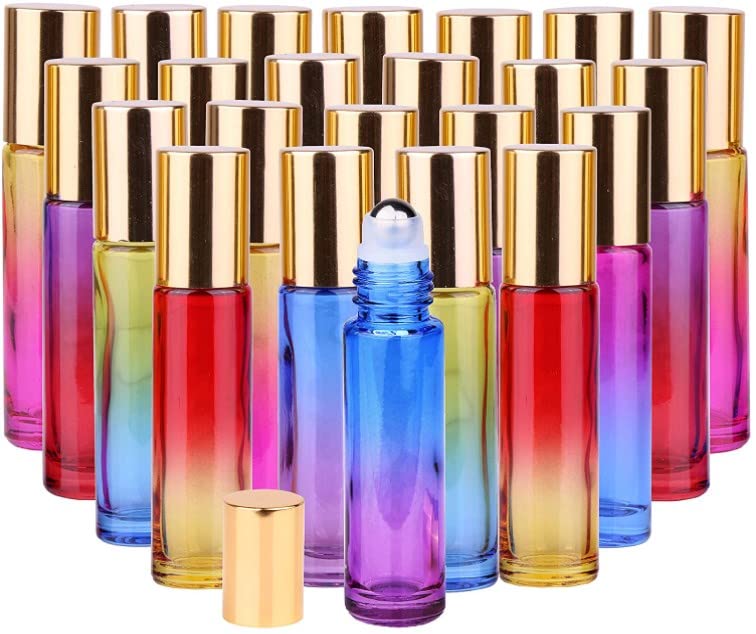 THE WHITE SHOP24 10ml THICK Glass Roller Bottles Roll on Bottle Big Stainless Ball Gradient Color for Essential Oils (3 Dropper, 1 Funnel, 1 Extra Roller Ball, 1 Bottle Opener, 1 Brush, 24 Labels)