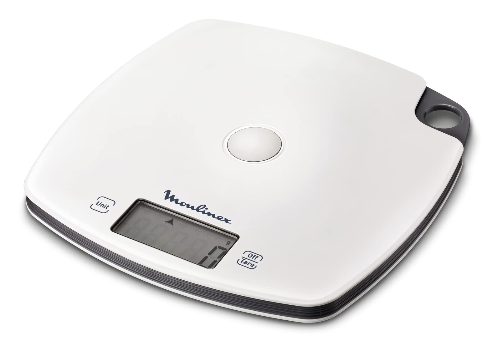 Moulinex BN1000 Compliss - Báscula de cocina, capacidad de hasta 5 kg, pantalla LCD, función Tara, gancho para colgar, color blanco