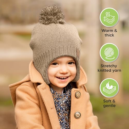Image of Baby Beanie Winter Hat 6-36 Months - Cute Pom Winter Baby Hats with Earflaps, Soft & Stretchy Knit Toddler Beanies for Infant, Newborn 6-36 Months Boys, Girls, Cozy, Warm Fall Essentials (Taupe, M)