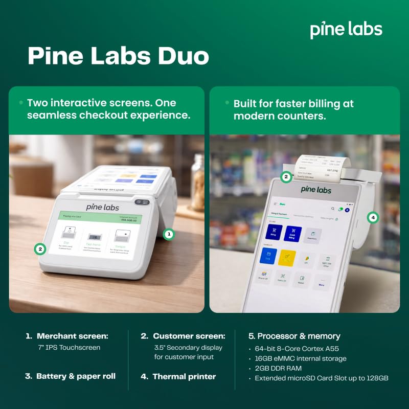 Image of Pine Labs Duo Android POS Machine | Accept All Payments - Credit Card, Debit Card, UPI, QR Code | Dual Touchscreen EDC Machine | Built-in Thermal Printer | 4G + Wi-Fi + Bluetooth | Card Swipe Machine