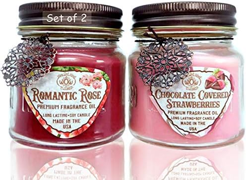 Way Out West Candles- Romantic Scented Candle Gift Set of 2-8 Ounce Soy Wax Jar Candles- Fragrant, Long Lasting Romantic Rose and Chocolate Covered Strawberries- Handmade in USA