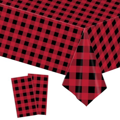 COSORO 2 Piezas Manteles de Mesa Plastico,137 * 274cm Mantel Rectangular Impermeable Rojo Negro Cuadros,Mantel Antimanchas Manteles Fiesta Decoración de Mesa Suministros para Cumpleaños Boda Navidad
