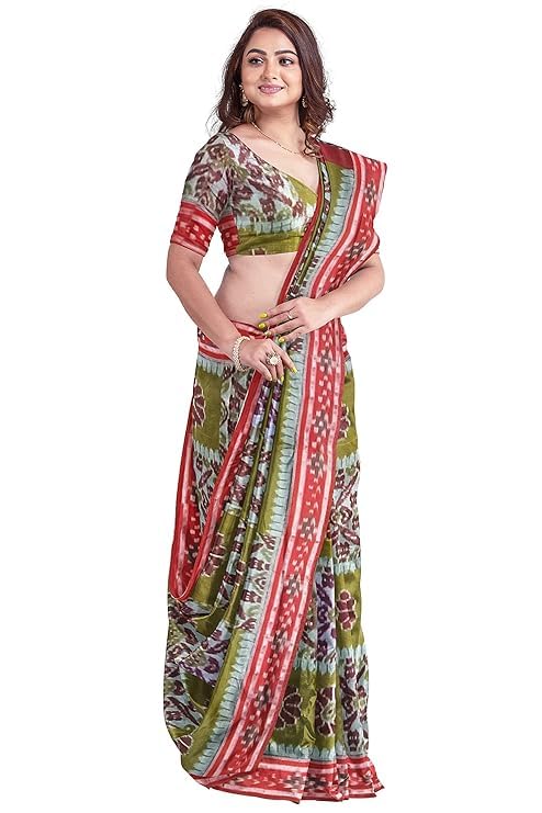 Image of Ikat Women's Cotton Saree, Handmade Pure Cotton Khandua Saree, Ikkat Orissa Traditional Handloom Saree without Blouse