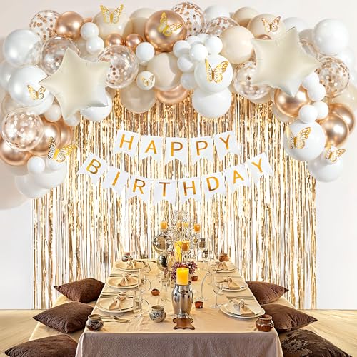 Image of Party Propz Golden and White Birthday Decoration Kit - 59 Pcs,Chrome & Confetti Balloons for Decor,Butterfly Birthday Theme Decoration, Banner, Fringe Curtains, Star Foil Balloon, 3D Butterfly Accent