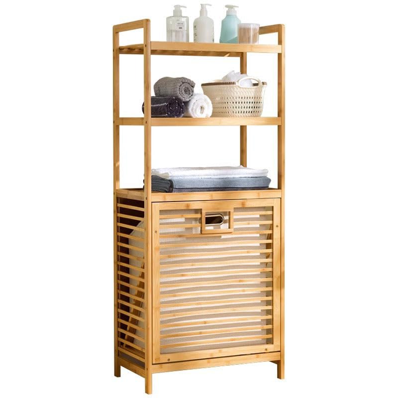 Bamboo Laundry Hamper Basket with Liner Bag Storage Dirty Clothes Tilt Out Baskets Section with Handles 2/3-Tier Shelves Organizer Hampers for Bedroom Bathroom Living Room (Style C)