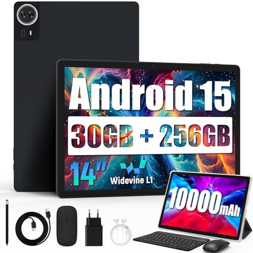 Tablet 14 Zoll Android 15 Tablet PC 8-in-1 mit Hülle Tastatur Maus Stylus Kopfhörer Octa-Core 30 GB RAM 256 GB ROM 1920x...
