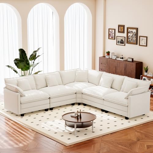 Image of 113.8 inch Modular Sectional Sofa,Cloud Couch for Living Room,Modern Deep Seat Sofa 5 Seater Chenille Fabric Comfy L Shaped Couches with Throw Pillows for Apartment