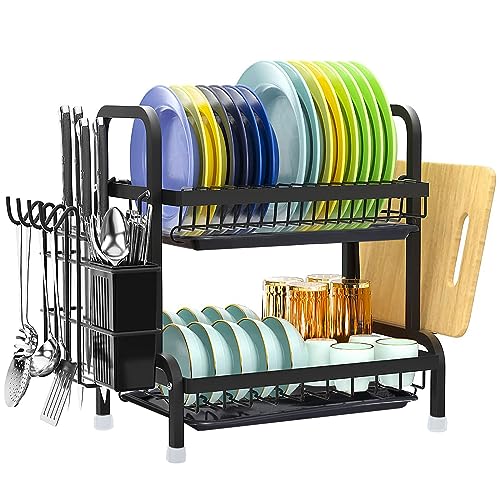 MOYKSRR Egoutoire Vaisselle à 2 Niveaux en, Égouttoir à Vaisselle de Grande Capacité, Égouttoir à Vaisselle pour Le Comptoir de la Cuisine avec Porte-ustensiles et bac d'égouttement