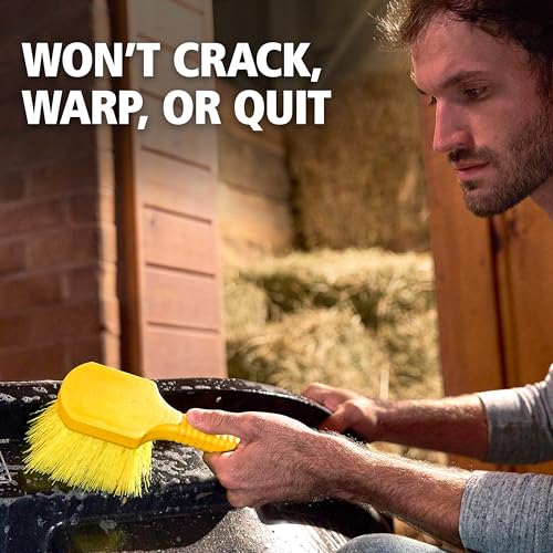Image of Rubbermaid Commercial 8 inch Utility Scrub Brush Plastic Handle Synthetic Bristles Cleaning Multi Purpose Heavy Duty Outdoor Wheels and Tires