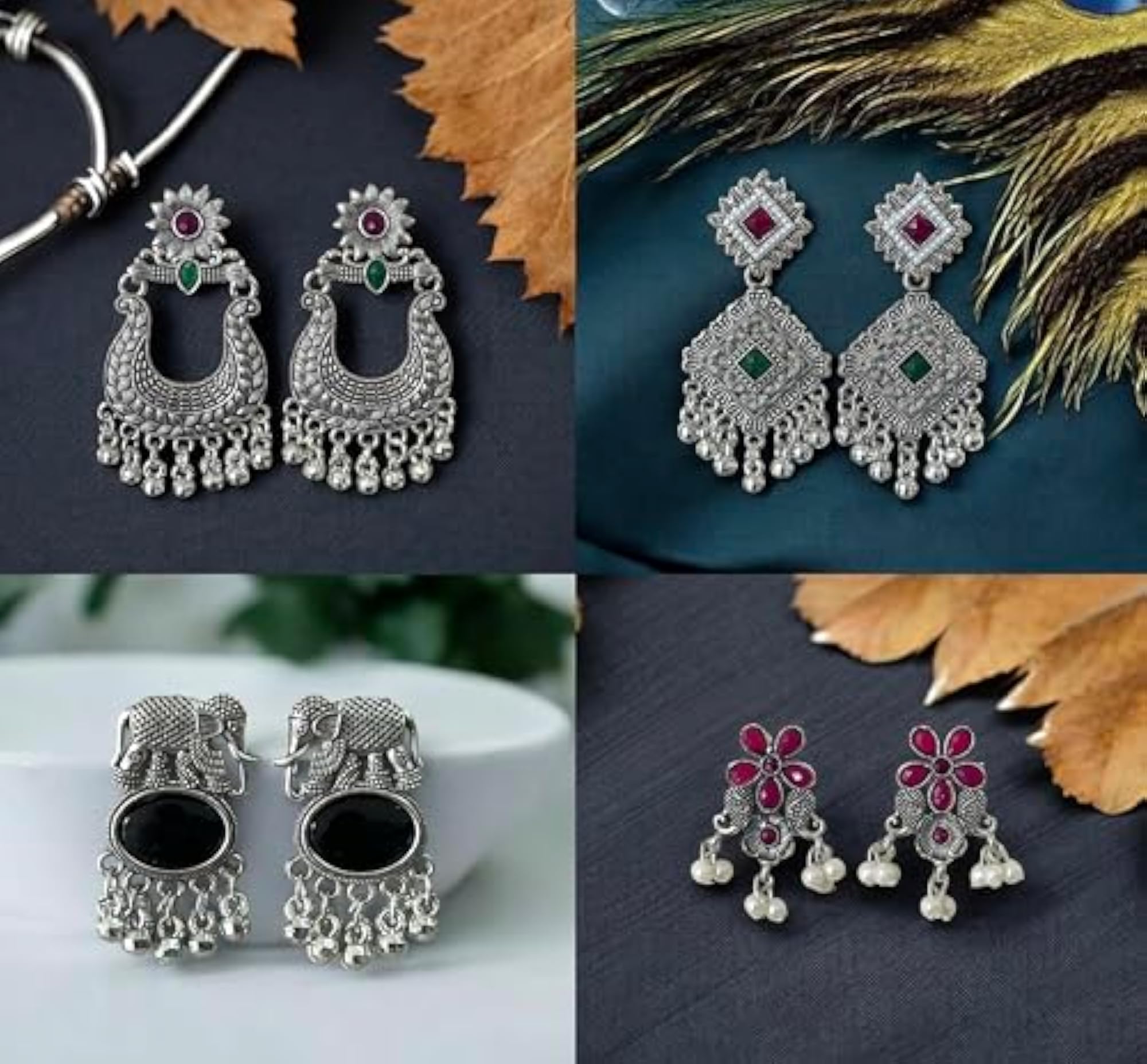 Traditional Indian Oxidised Silver Jhumka Earrings Combo Set