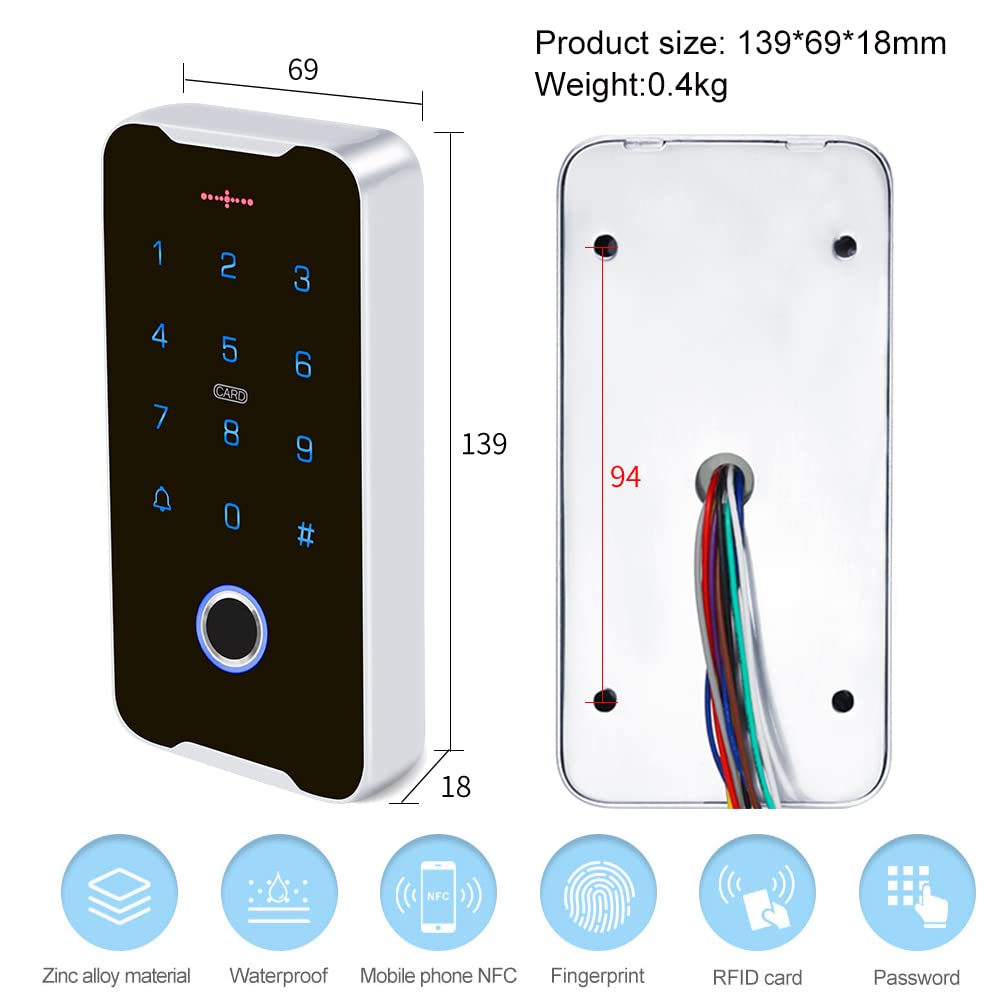 KUMU IP68 Wasserdichtes Outdoor-System 13,56 MHz NFC-Zugriffskontrolltastatur + DC12V-Netzteil + Schloss + Türausgangstaste + 15 Stück IC-Schlüssel (Kit1)