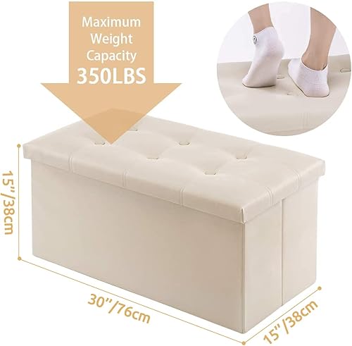 Miniatura 3 de Otomana plegable de almacenamiento de 30 pulgadas, banco de almacenamiento de 80 litros para dormitorio y pasillo, reposapiés de piel sintética