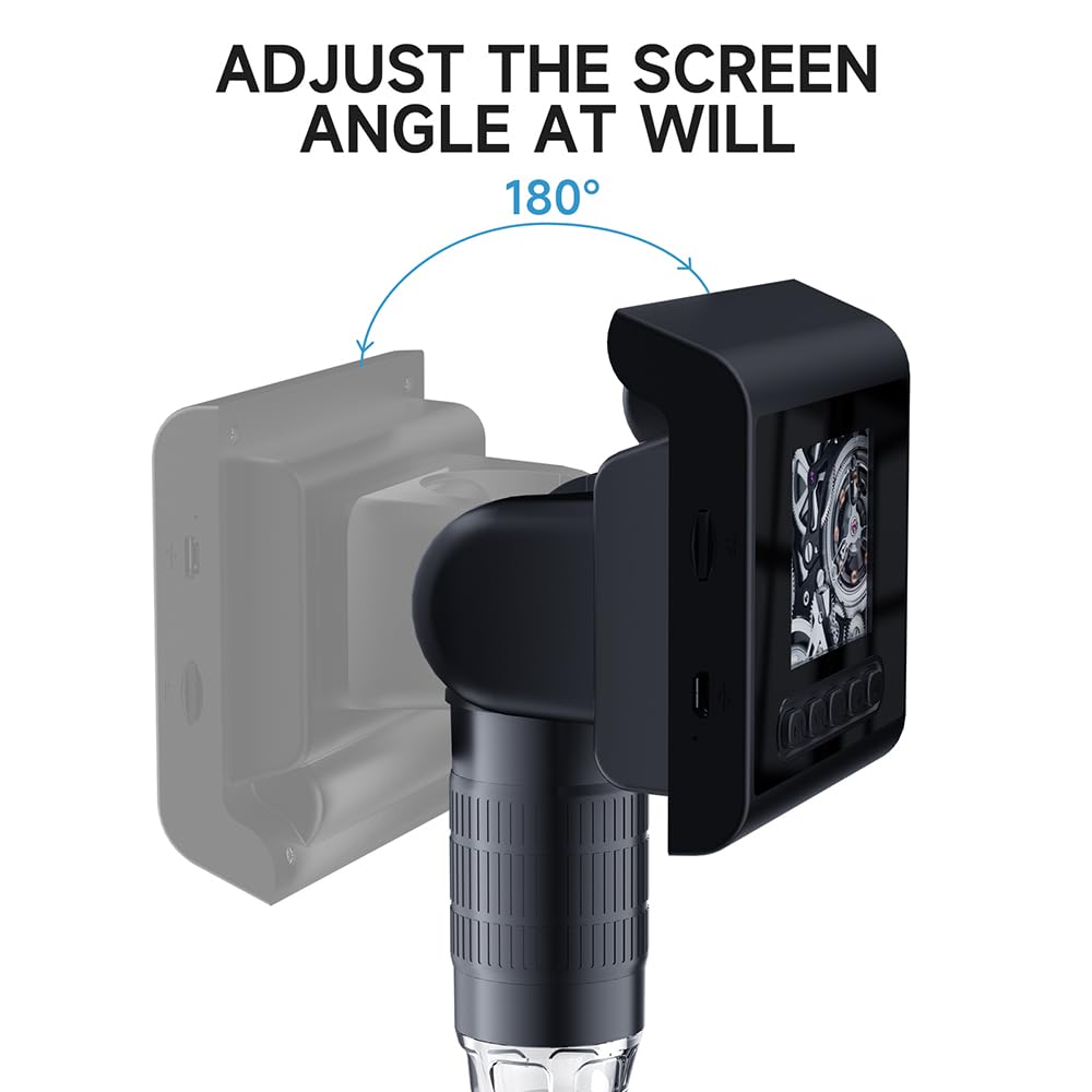 HUIOP Mikroskop cyfrowy o wysokiej przejrzystości 1080P z 2,4-calowym kolorowym wyświetlaczem LCD, 1-1000x ciągły zoom, ekran obrotowy 180 stopni, 8 regulowanych diod LED, przechowywanie na karcie TF,