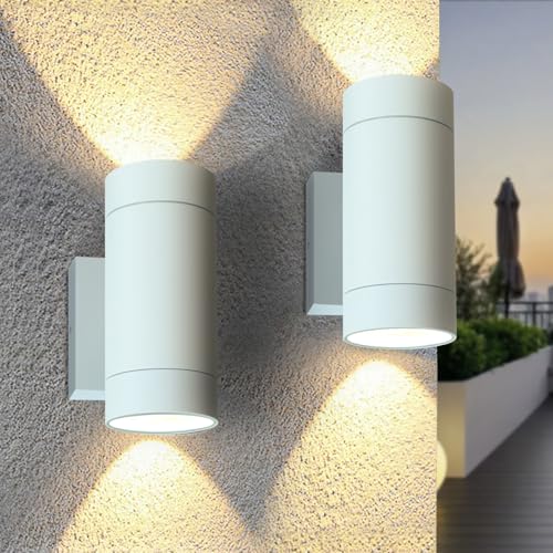 EBION Outdoor Wall Lights,IP65 Waterproof Up Down Outside Lights Mains Powered,2 Pack Aluminium Wall Sconce Lights GU10,Mordern Wall Lamp for Living Room Porch Garden Balcony,White