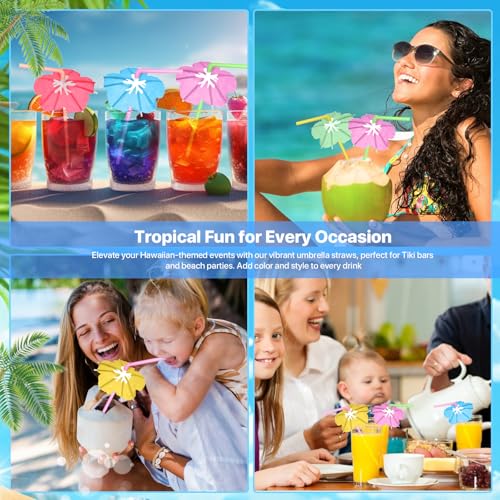 【100 PCS】Umbrella Straws for Drinks - Colorful Cocktail Straws with Mini Umbrellas, Tiki Party Supplies, Hawaiian Luau Tropical Theme, Parasol Drinking Straws for Margarita, Pina Colada, Beverages.