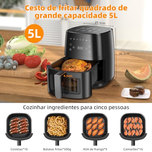 ESHMEL 5L Air Fryer 127v, Digital Airfryer, Fritadeira Eletrica Com Janela Transparente, Revestiment