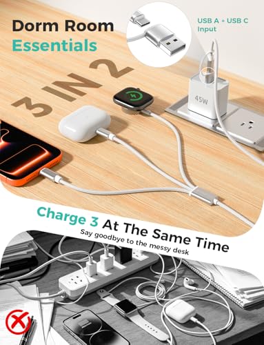 Image of Travel Essentials,3 in 2 USB C Cable for Apple Watch Charger,iPhone Charger,Multi Charging Cable,Cruise Vacation Camping Essentials,Portable for iWatch Series 11-2 /Ultra /SE & iPhone 17-12,Car,White