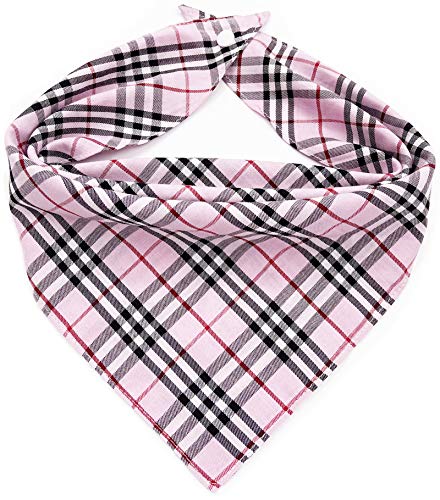 XAVIER Dog Bandana with Button, Dual Layer Soft Cotton Dog Scarf, Black White Red Pink Brown Plaid Dog Bandanas, Adjustable Accessories for Small Medium Large Dog Puppy Pet (Pink)