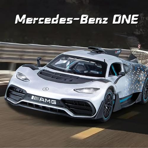 Image of 1:24 AMG ONE Diecast Metal Car Pull Back Alloy Model Toy with Openable Doors Lights & Sound Realistic Collectible Supercar Gift for Kids Boys & Car Enthusiasts (Silver)