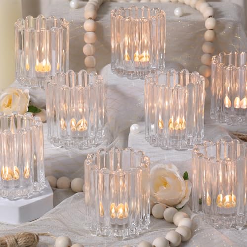 HAVITI Glass Clear Votive Candle Holder, Ribbed Votive Candle Holders Set of 12, Tealight Candle Holder for Wedding Centerpieces Dinner Party Table Decor