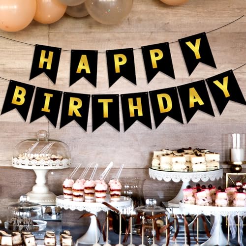 Image of Hooqict Happy Birthday Banner Black and Gold Birthday Decorations for Kids Men Women Black Party Banner Decorations Supplies Wall Door Garland Sign Bunting Flag