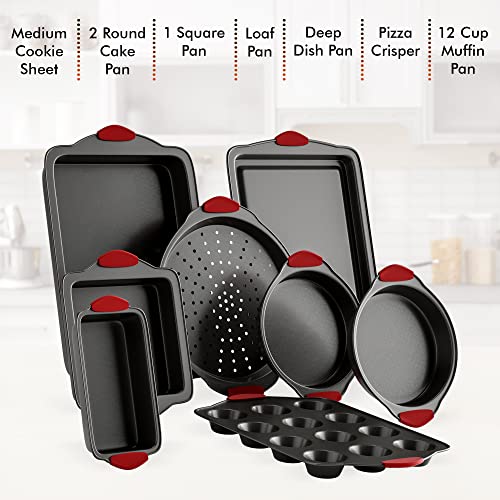 Baking Pan 8 Piece Set Nonstick Carbon Steel Oven Bakeware Kitchen Set With Silicone Handles, Cookie Sheet, 2 Round Cake Pans, Square Pan, Loaf Pan, Deep Dish Pan, Pizza Crisper, Muffin Pan By Perlli #TOP3