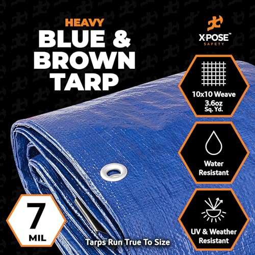 Image of Xpose Safety 40' x 60' Heavy Blue /Brown Tarp - Waterproof - 7 Mil Weatherproof Camping Tarp for Tent, Rain, Wind & Sun - Plastic Tarpaulin Cover Outdoor for Roof, Trailer, RV, Car, Boat