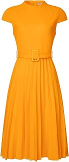 Women's Pleated Dress Mock Neck Cap Sleeve Belted A-Line Dresses