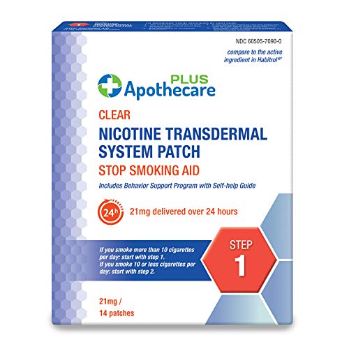 Apothecare Plus Nicotine Transdermal System Patch 21 Mg Delivered Over 24 Hours | Stop Smoking Aid | Step 1, Clear, 14 Patches, 14 Count