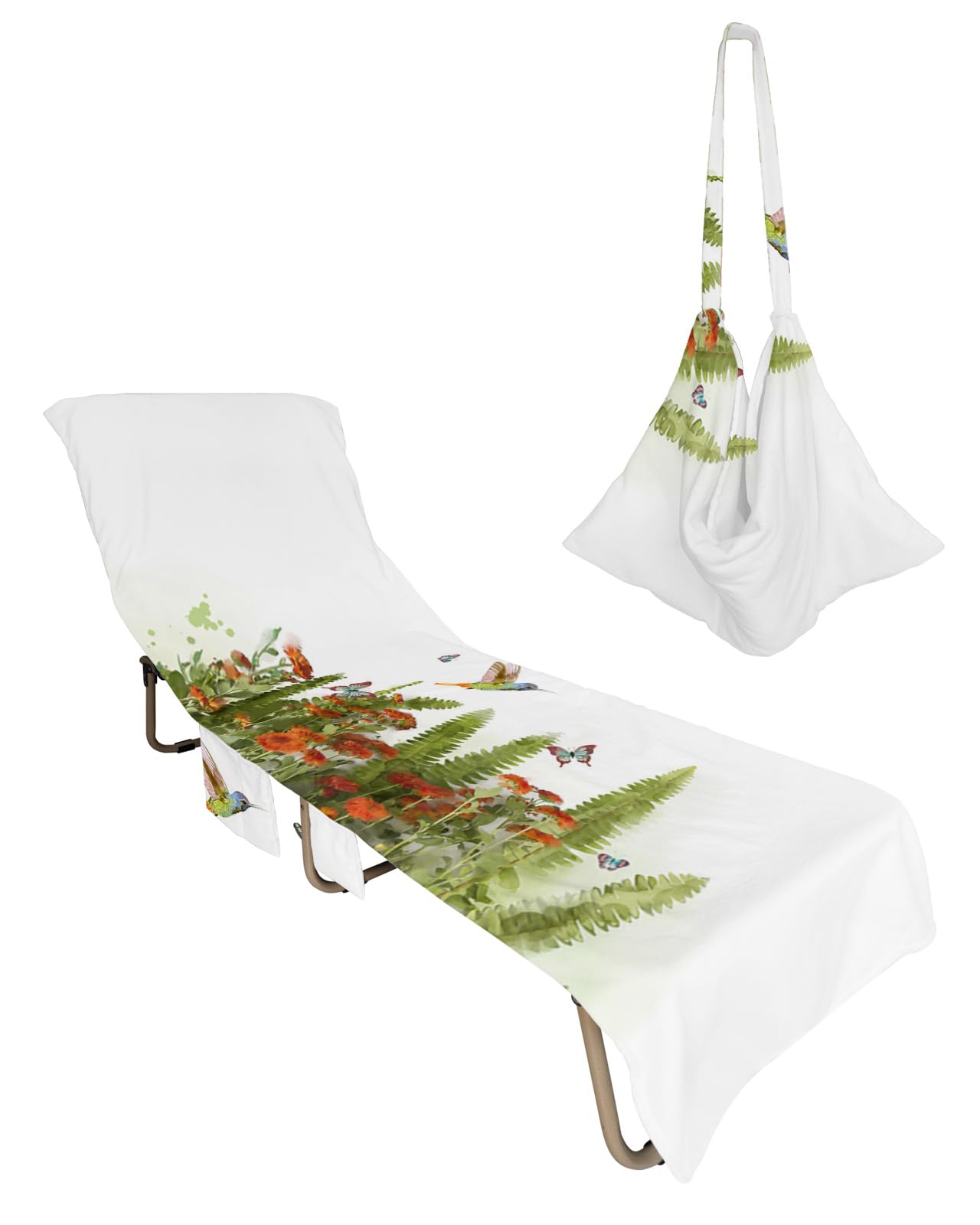 Orange Teal Botanical Beach Lounge Chair Towel Cover, Soft Chaise Lounge Towel with Side Pockets Patio Pool Chairs Cover for Beach/Pool Sunbathing 29x85 Watercolor Plants Spring Floral Birds