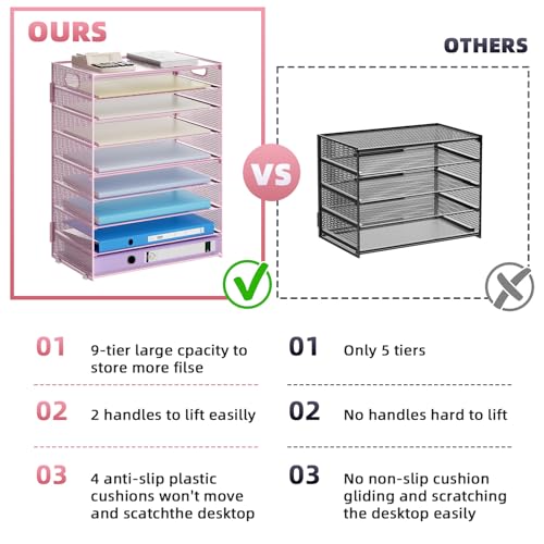 Image of Marbrasse Paper Organizer Letter Tray, 9 Tier Mesh File Organizer with Handle, Paper Sorter Desk Organizer for Home Office Supplies - Pink