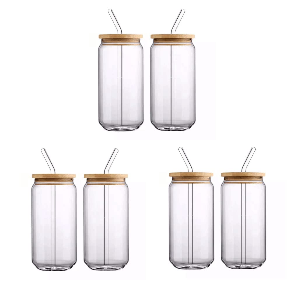 Juego de 6 vasos de cristal con tapas de bambú y pajita de cristal, vasos en forma de lata de cerveza, vasos de café helado de 16 onzas