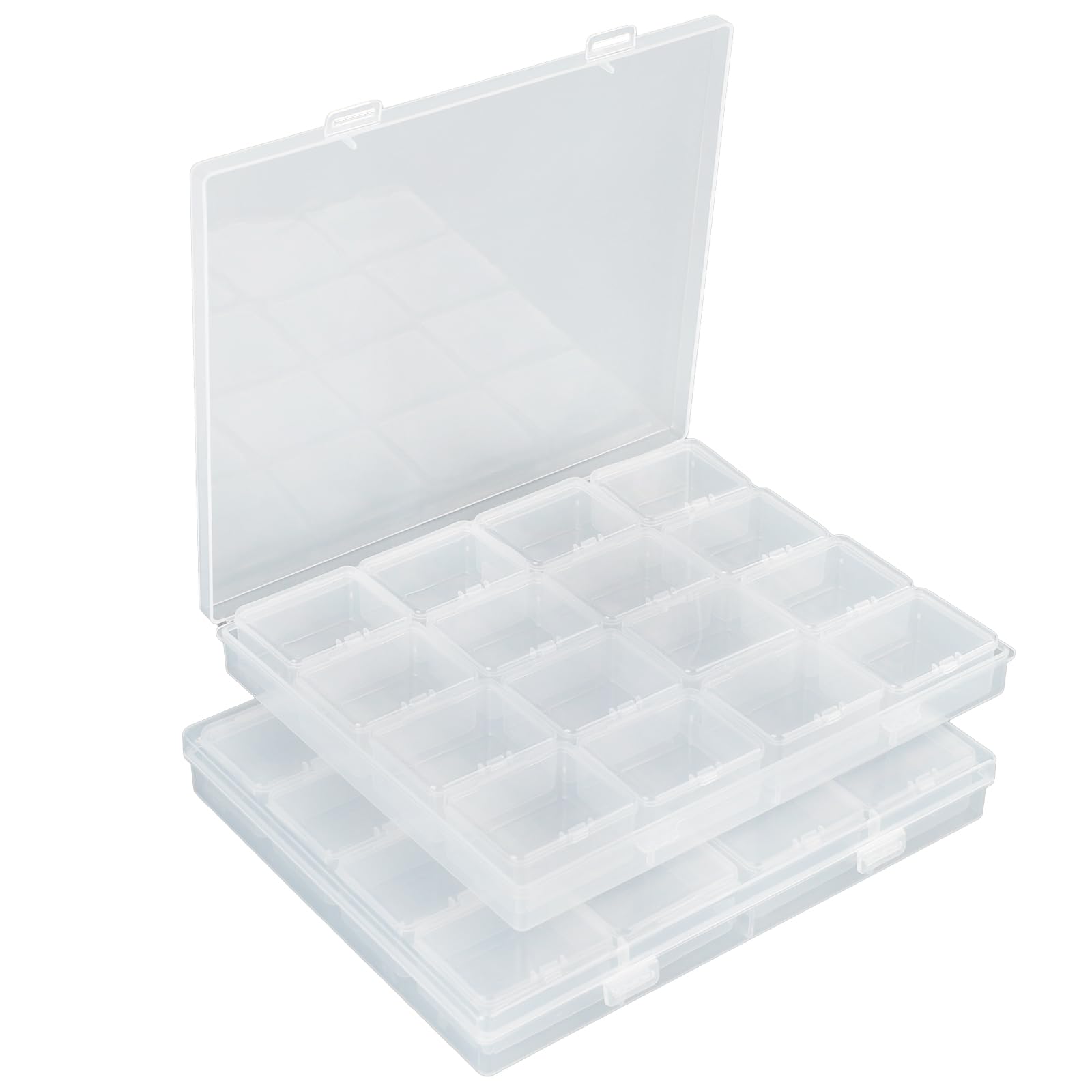 Segbeauty Large Bead Storage Box, 16 Grids Clear Gem Organizer with Hinged Lid, 2 Pack Empty Plastic Container Small Parts Organizing Storage Box for Jewelry Diamond Seed Hardware Craft Accessories