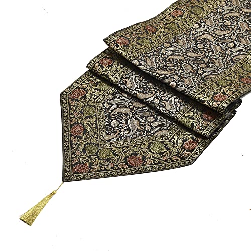 Image of E-EZRA Room Decor Banarasi Silk Handmade Flower V Shape Table Runner Dinning & Centre Table Long Runner Bed Runner Gold Tassels End Size 14 X 80 inches (Black)