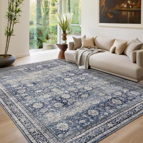 GarveeHome Living Room Rugs 10x13 Large Vintage Printed Area Rugs with Non-Slip Backing, Stain-Resistant Oriental Accent Rugs, Washable Farmhouse Low Pile Rugs for Bedroom, Office, Blue