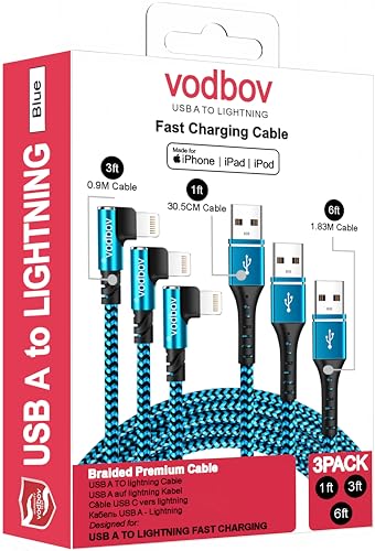 VODBOV 3-Pack Lightning Cable, [6ft+3ft+1ft] USB A to Lightning Fast Charging & Data Transfer, Durable Blue Braided Apple Certified iPhone Charger Cable, Right Angle Lightning Cable for iPhone