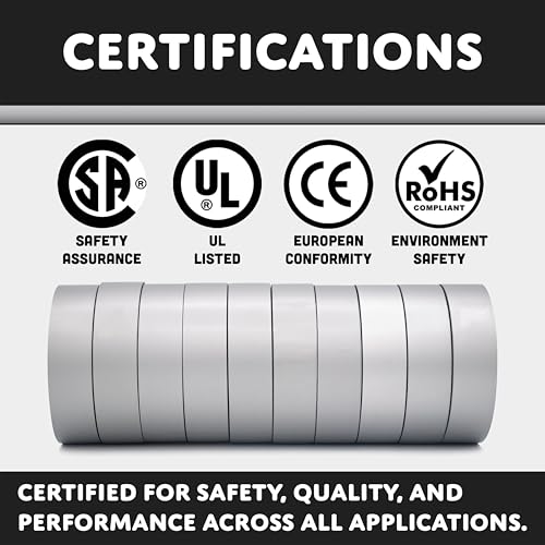 Image of TradeGear Gray 10 Pack - UL Listed Colored Electrical Tape, 60 ft x 3 /4 in, 600V, Flame Retardant, Waterproof, Rubber Adhesive - Phase Marking, Wire ID, Automotive