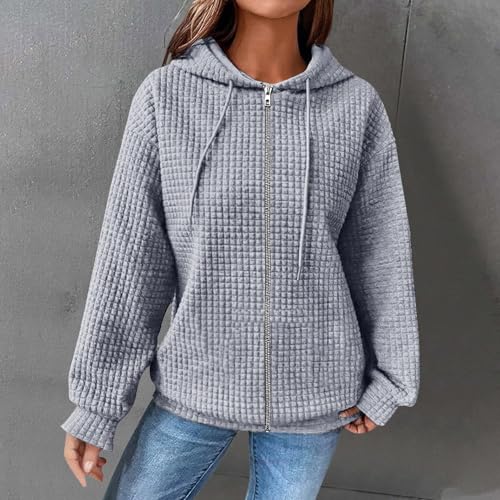 Women Zip Up Hoodie Oversized Waffle Fashion Casual Fall Winter Loose Drawstring Jacket Ladies Hooded Sweatshirt3