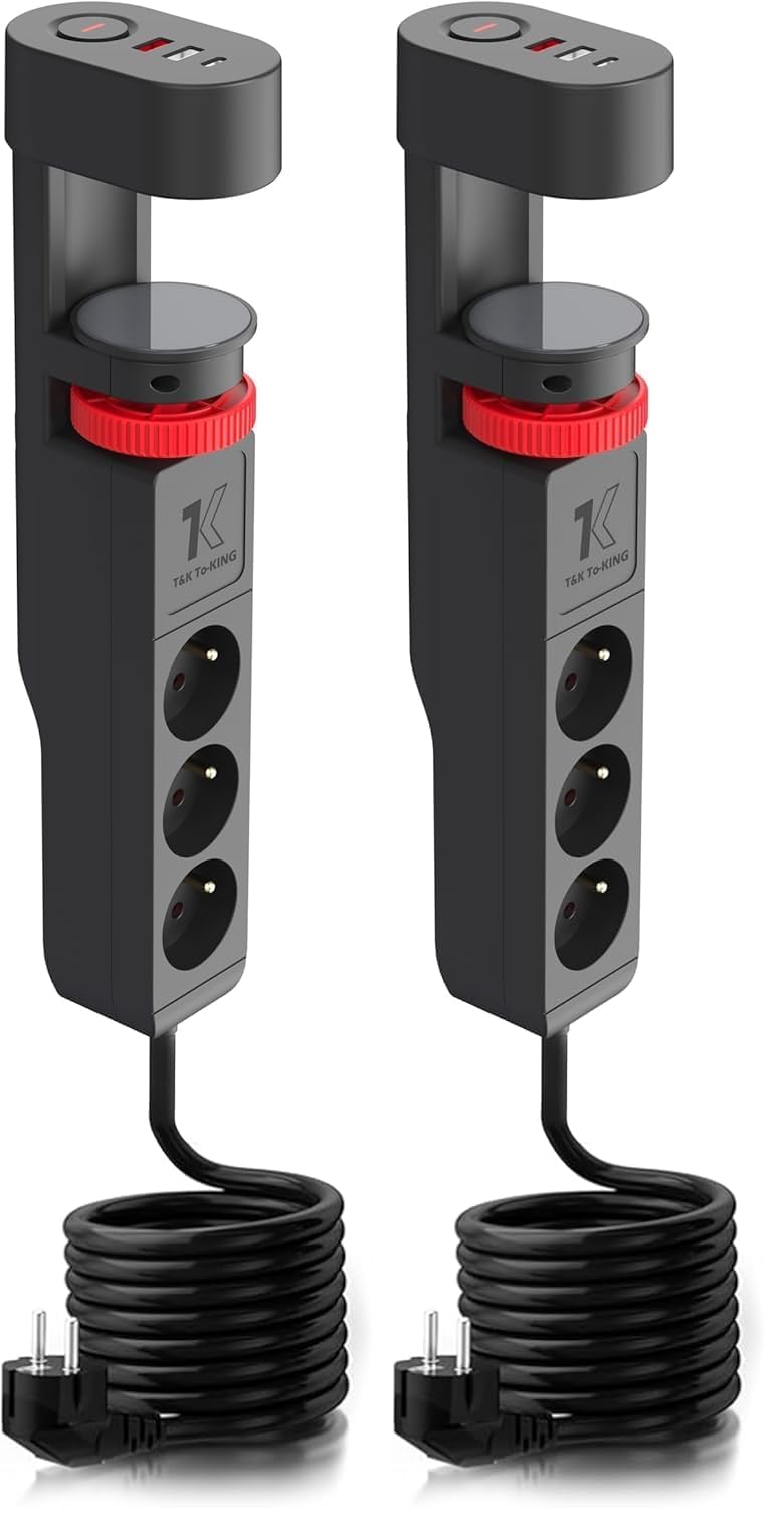 Steckdosenleiste 3 Fach mit 3 USB Ladeanschlüsse, Mehrlochsteckdose mit Tischclip (3680W) Steckerleiste USB(5V 3.4A,17W) mit 2M Kabel für Smartphones, Laptop, iPAD -Schwarz (Packung mit 2)