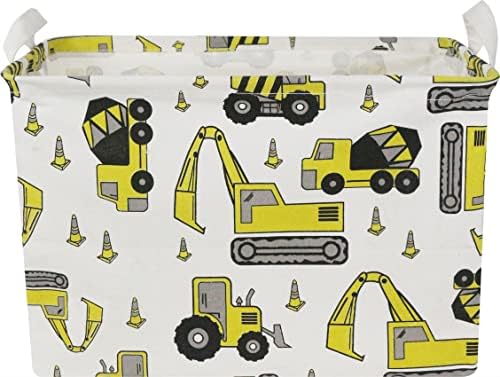 HKEC Rectangle Storage Basket with Handles, Collapsible Storage Box Cute Canvas Organizer Bin for Pet/Kids Toys, Books/Playroom Organization/Toy Bin/Closet/Baby Hamper (Yellow Excavator)