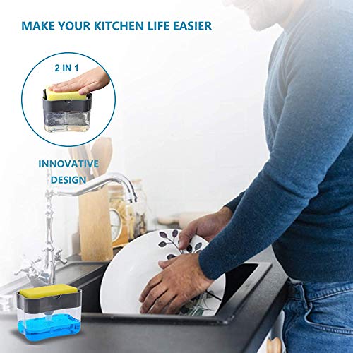 Image of Medidove Soap Dispenser Sponge Holder 2 in1 Push-Type Automatic Liquid Box, scouring pad, Dish Washing Brush and soap Liquid Box (Pack of 1)