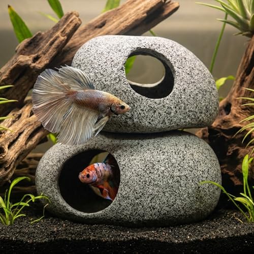Image of Aquarium Cave Decor - 2 PCS Natural Fish Tank Rocks for Betta Hideout and Shrimp Breeding, Hand-Polished Smooth Edges, PH Neutral, Ideal for 5-20 Gallon Tanks, Aquascaping Stone Ornaments