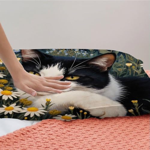 Linge de lit de haute qualité 140x200 cm chat noir blanc premium - 7